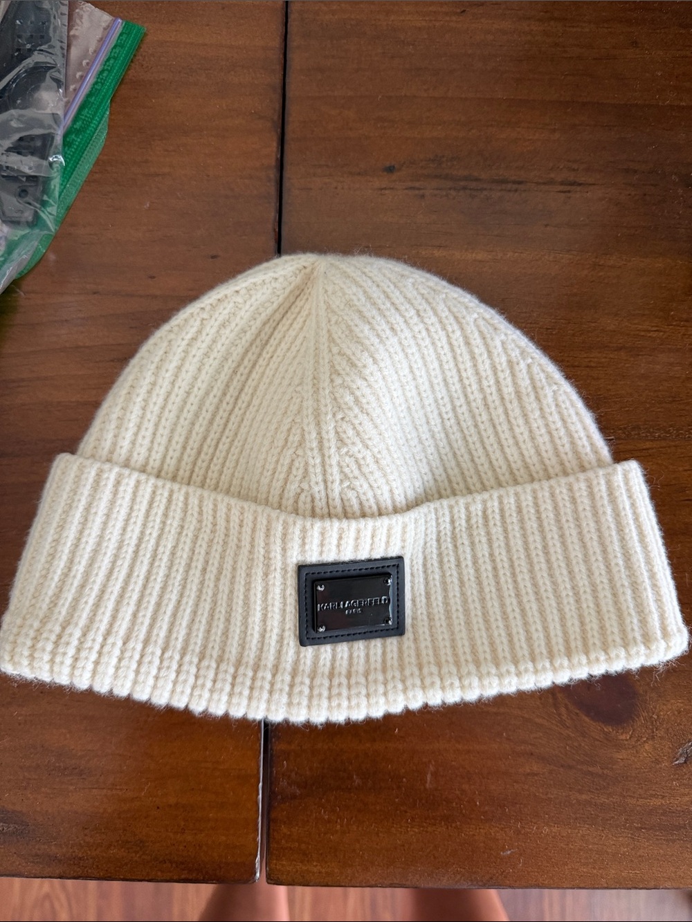 David Yurman Cream Ribbed Cuffed Beanie with Logo Plaque